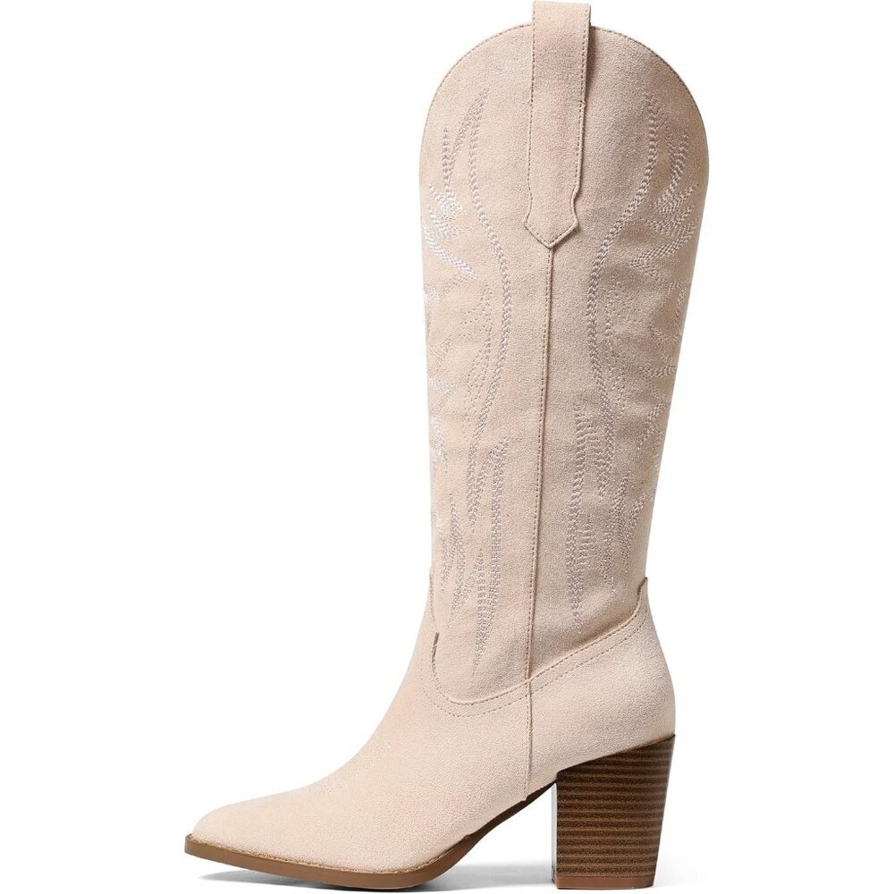 Women's Nude Pink Wide Calf Cowgirl Western Embroidery Chunky High Heel Boots